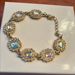 Rhinestone gold tone bracelet mid century baroque ornate Victorian style formal